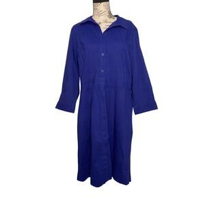 Eileen Fisher Blue Buttondown Linen Stretch Midi Dress Large Pockets Coastal